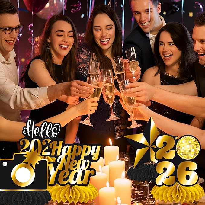 Happy New Year Honeycomb Centerpieces 2026 New Years Eve Party Decorations 12PCS New Years Decor Hello 2026 Table Centerpieces for Cheers to 2026 Celebration Supplies