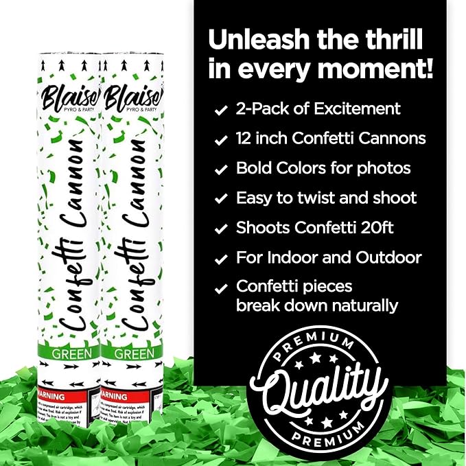 Blaise Pyro & Party Green Confetti Poppers - Easy to Use Paper Confetti Poppers for Weddings, Birthdays, Anniversaries, & More - 2 Pack, 12 Inch
