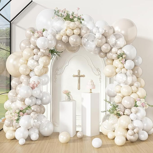 Amandir 173 Pcs Pearl White Balloon Arch Garland Kit, Double-Stuffed Pearl Ivory White Sand Clear Baptism Balloons for Wedding Bridal Shower Engagement First Communion Birthday Party Decorations