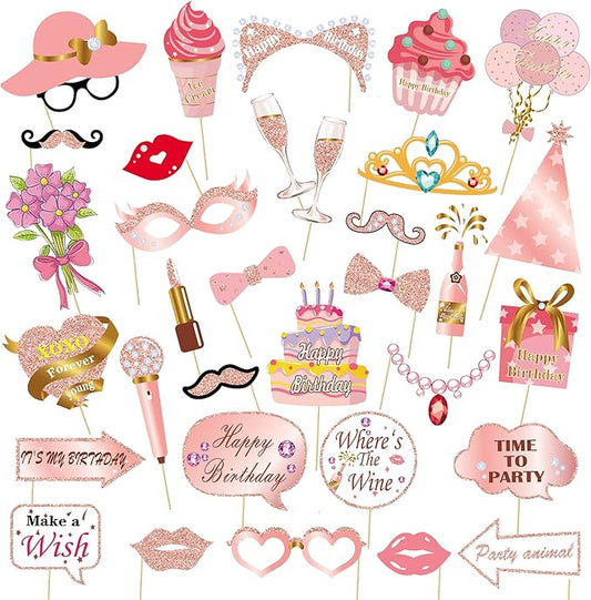Birthday Decorations, Tumwisk 33PCS Birthday Photo Booth Props, Rose Gold Happy Party Decorations for Women, Glitter Selfie Props for Girls (All Ages)