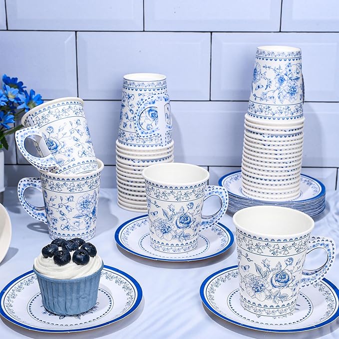 Whaline 80Pcs Blue White Floral Paper Tea Cups and Saucers Porcelain Chinoiserie Flower 9oz Disposable Teacups with Handle Dessert Plates for Wedding Baby Shower Birthday Spring Tea Party, Serves 40