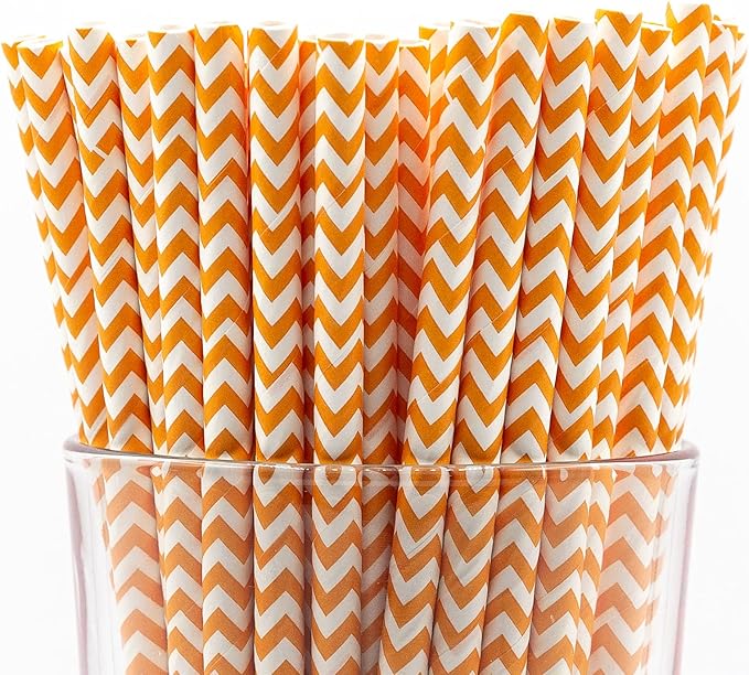 Pack of 900 Orange Chevron Biodegradable 4-Ply Paper Drinking Straws (Compostable, Non-toxic, BPA-free)