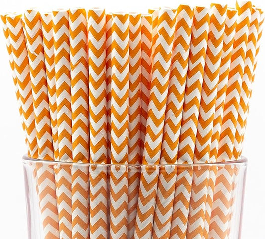 Pack of 900 Orange Chevron Biodegradable 4-Ply Paper Drinking Straws (Compostable, Non-toxic, BPA-free)
