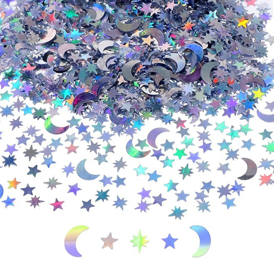 4000 PCS Moon Star Confetti for Table, Glitter Star Confetti, Laser Paper Rainbow Foil Confetti Moon Stars Glitter Scatter for Wedding Party Birthday Festival Decorations