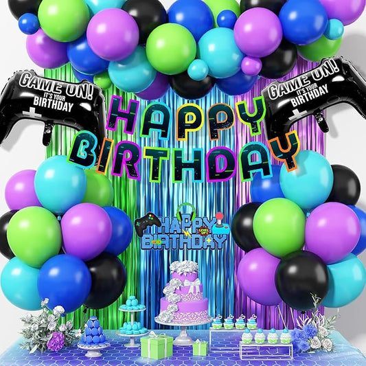 Video Game Birthday Decorations for Boys, Purple Blue Green Black Latex Balloons Gaming Controller Foil Balloons Happy Birthday Banner Fringe Curtain Cake Topper for Kids Boy Game Night Party Decor