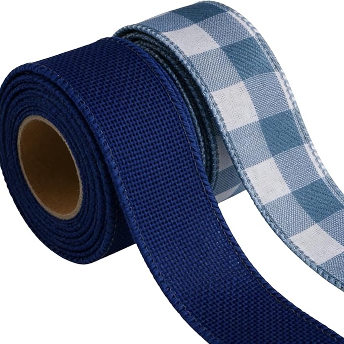 Meseey 1.5 Inch Burlap Wired Ribbon Set, 2 Rolls Total 10 Yards Solid Navy Blue & Blue White Buffalo Check Wired Edge Ribbon for Wreaths, Bows, Gift Wrapping, Farmhouse & Patriotic Decor