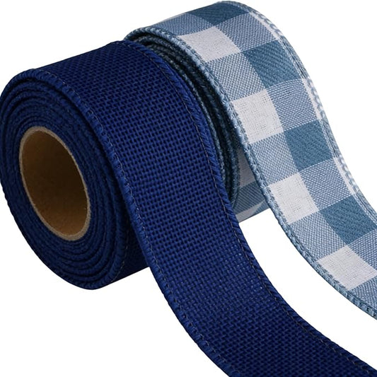 Meseey 1.5 Inch Burlap Wired Ribbon Set, 2 Rolls Total 10 Yards Solid Navy Blue & Blue White Buffalo Check Wired Edge Ribbon for Wreaths, Bows, Gift Wrapping, Farmhouse & Patriotic Decor