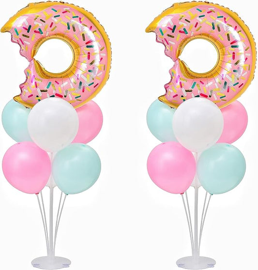 Donut Balloon Table Centerpiece Stand Kit 2 Sets for Table with 2 Doughnut Foil Balloons 14 Latex Pastel Balloons for Donut Party Decorations Pastel Birthday Party Baby Shower Decorations