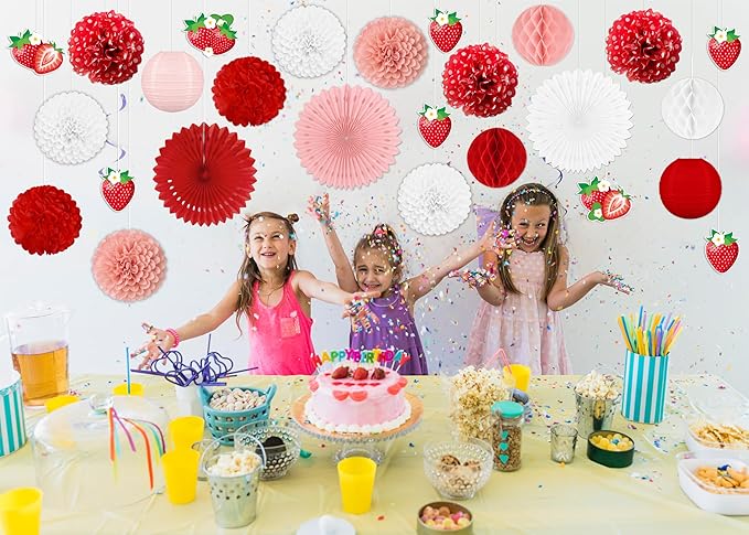 26pcs Strawberry Birthday Party Decorations – Red Pink White Paper Fans, Tissue Pom Poms for Berry Sweet Girl 1st , Baby Shower, Shortcake Theme Supplies