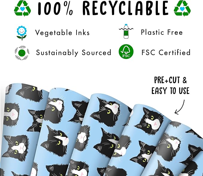 CENTRAL 23 Cat Wrapping Paper - Cat, Funny, Blue Tones - 6 Sheets of Giftwrap for Friends Coworkers Men Women - All Occasion Birthday - Comes With Stickers