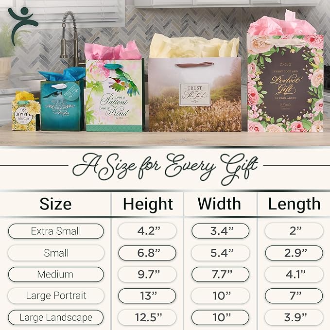 Christian Art Gifts Three Piece Landscape Gift Bag w/Card & Tissue Paper Set for Women: The Lord Delights - Isaiah 62:4 Inspirational Bible Verse, Soft Mint Green & Pink Multicolor Floral, Large