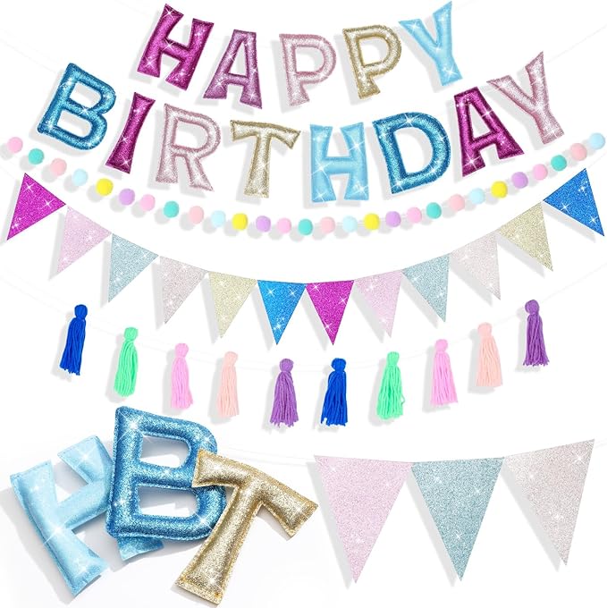 Mindsoft 5 Pcs Pre-strung Unicorn Glitter Happy Birthday Banner Set, Felt Happy Birthday Garland with Ball Garland, Pennant Flags and Tassels, Birthdays Party Decorations for Kids and Adults