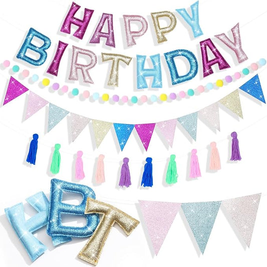 Mindsoft 5 Pcs Pre-strung Unicorn Glitter Happy Birthday Banner Set, Felt Happy Birthday Garland with Ball Garland, Pennant Flags and Tassels, Birthdays Party Decorations for Kids and Adults