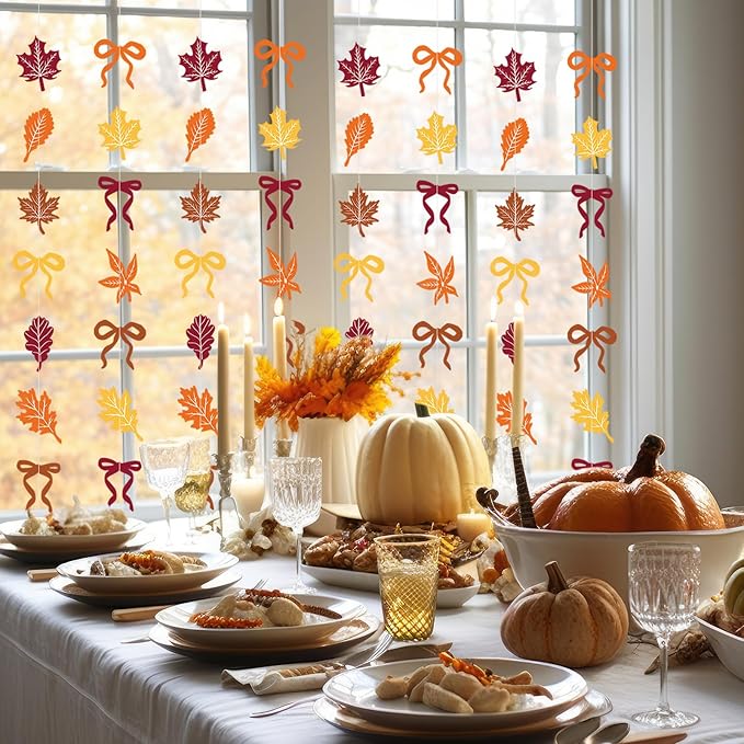 TaoBary 8 Pack Thanksgiving Fall Maple Leaves Garland Banner for Thanksgiving Mantle Decorations Autumn Home Farmhouse Decor Maple Leaf Bow Hanging Streamer for Wedding Birthday Party Supplies