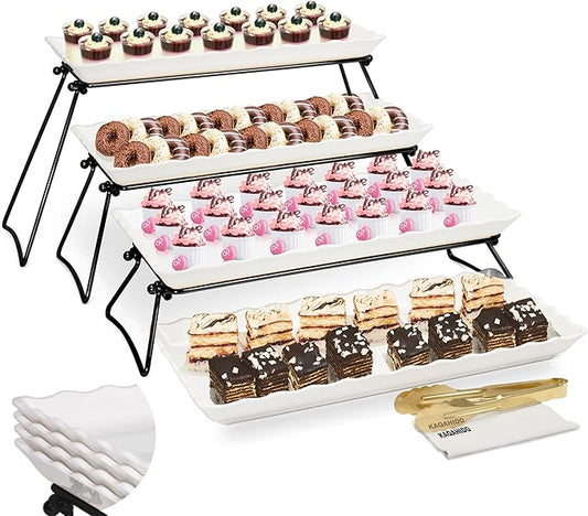 KAQAHIDO Extra Large 4 Tier Serving Tray Set, 34x22x10 inch Wave Edge Melamine Dessert Table Display Set, Tiered Trays Stand for Party Buffet Entertaining, Black and White