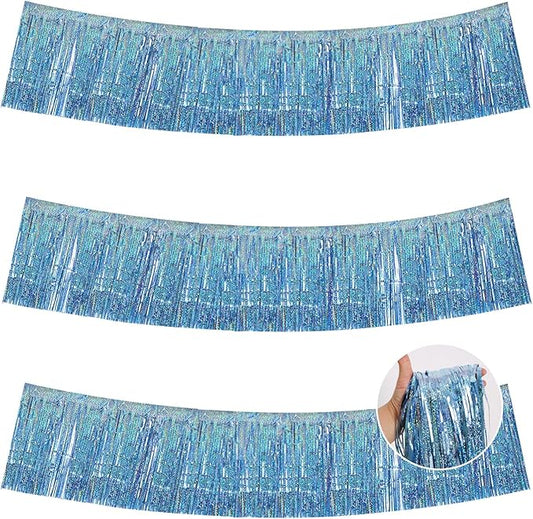BEISHIDA 3 Packs Metallic Foil Fringe Garland Laser Light Blue Wall Hanging Tinsel Fringe Banners for Car Floats Bridal Shower Wedding Birthday Easter Graduation Holiday Party Decoration(30 Feet)