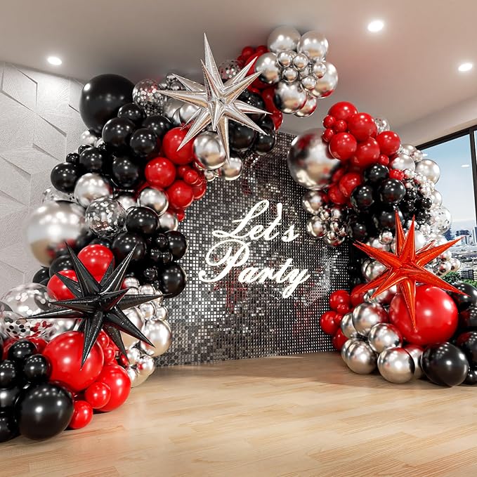 Red and Black Balloon Arch Kit with 3pcs Star Balloons, Red Black and Metallic Silver Balloons Garland Kit for Birthday Red Black Graduation 2025 New Year Party Decorations