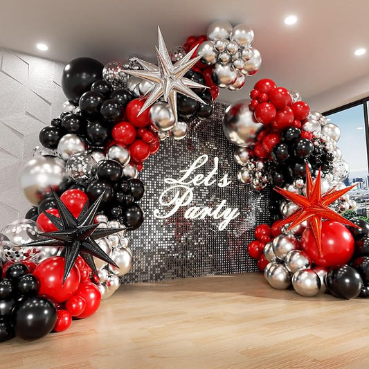 Red and Black Balloon Arch Kit with 3pcs Star Balloons, Red Black and Metallic Silver Balloons Garland Kit for Birthday Red Black Graduation 2025 New Year Party Decorations