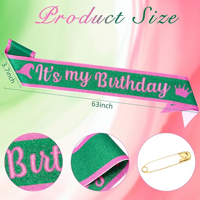 Pink Green Birthday Sash for Women, Hapdoo Witch Themed “It's my Birthday ” Sash with Glitter Foil for Girl, Happy Funny Decorations Accessories for Women Party Favors Supplies