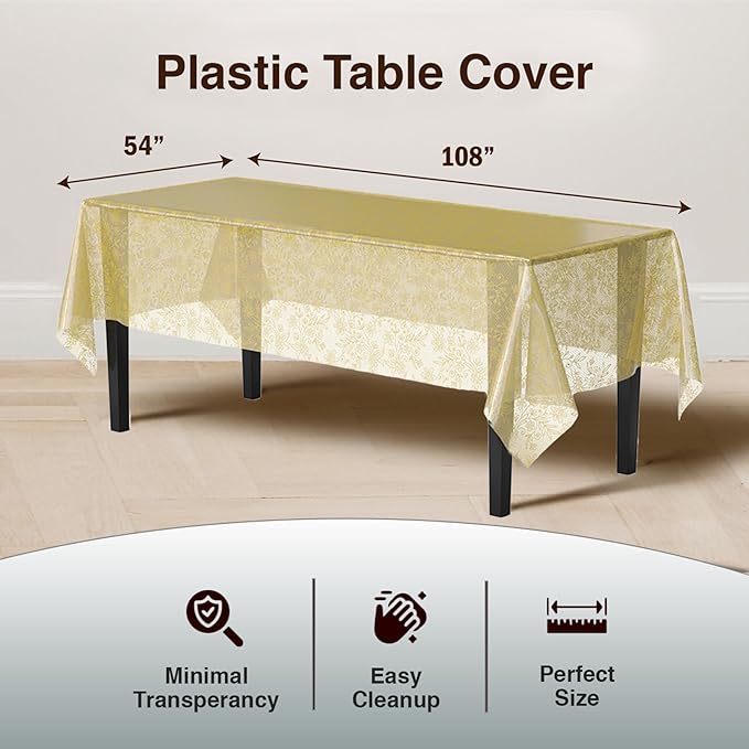Exquisite Lace Table Cloth Rectangle Table Plastic 6-Pack Lace Tablecloth Rectangular 54" X 108" | Clear & Gold Floral Tablecloth Disposable | Wild Flower Party Decorations & Party Supplies
