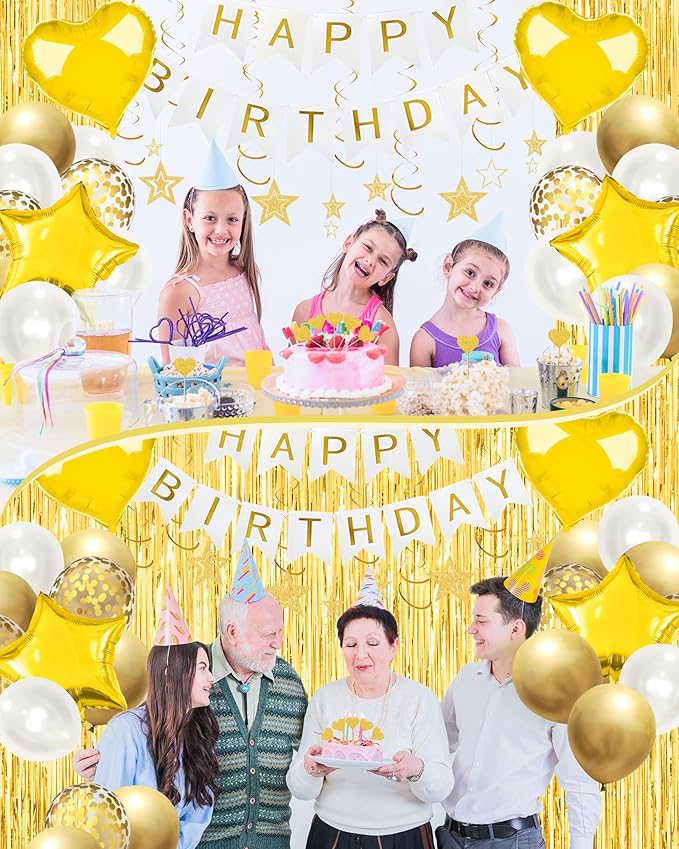 Lutoys Golden Happy Birthday Party Decorations, Happy Birthday Banner, Gold Foil Heart Star Confetti Balloons Curtain Backdrop Hanging Swirls Party Decor for Boys Men