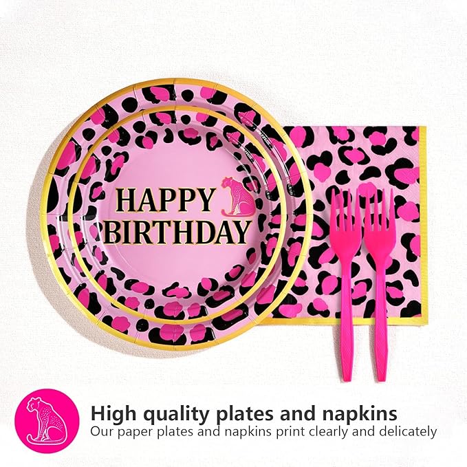 Grencian 96 Pcs Pink Leopard Birthday Party Supplies Cheetah Print Decorations Leopard Print Paper Plates Disposable Animal Jungle Safari Tableware Set for Girls Wild Birthday Cheetah Themed Party