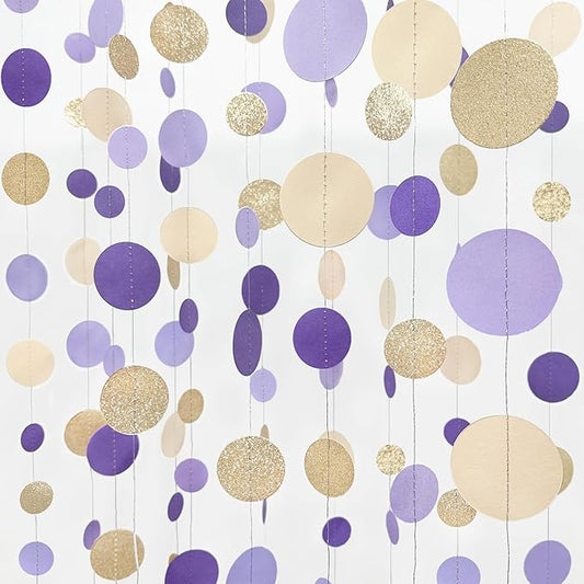 Champagne Gold Purple Cream Nude Polka Dots Garland Lavender Hanging Paper Circle Dot Streamer for Birthday Wedding Engagement Baby Shower Bridal Shower Lilac Violet Theme Party Decorations Supplies