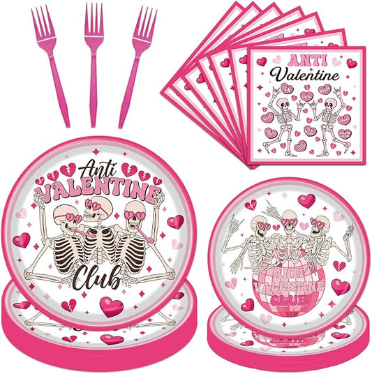 Rakuto Valentines Day Plates and Napkins Party Decorations, 96PCS Anti Valentine's Day Paper Plates and Napkins Decor, Galentines Anti Valentine Club Themed Forks Decoration for Home Wedding