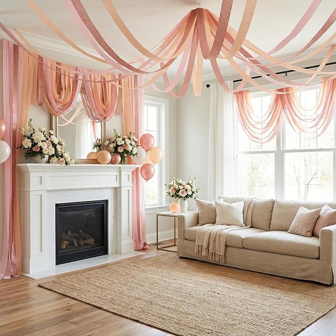 Crepe Paper Streamers 9 Rolls 738ft, Pack of Metallic Rose Gold Baby Pink Crepe Paper for Party Decorations, Birthday Decorations, Baby Shower Decorations, 1.77 Inch x 82 Ft/Roll