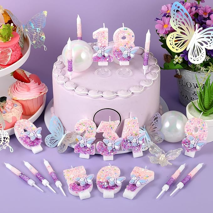 AKURIEEY Butterfly 4th Birthday Candle Purple Number 4 Candle with 6 Pcs Long Candles for Girls Cake Topper Cupcake Decor Party Decoration Anniversary Celebrations Supplies