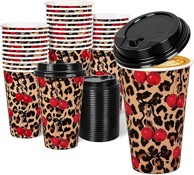 Whaline 50 Sets Leopard Print Coffee Paper Cups Bow Cherry Cheetah 16oz Disposable Cups with Lids for Hot Cold Drinks Birthday Bachelorette Safari Animal Party Supplies