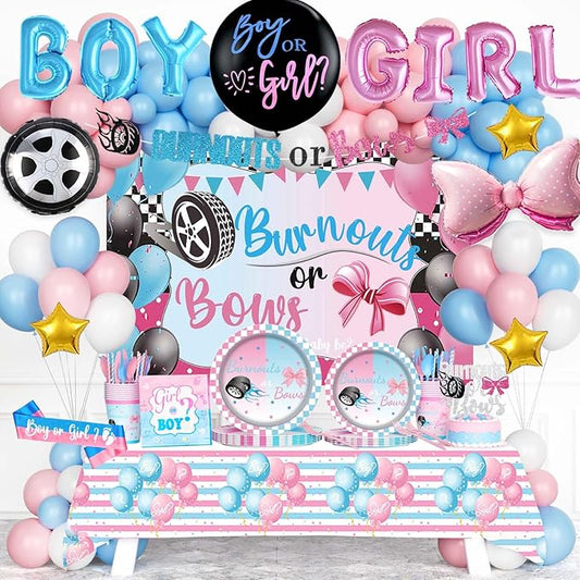 Burnouts or Bows Gender Reveal Decorations, Boy or Girl Gender Reveal Supplies, He or She Backdrop Banner Balloon Tablecloth Plate Napkin Cup Straw Knife Spoon Fork Sash 230 PCs