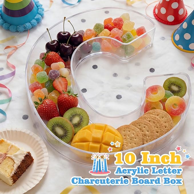 Ledido 10’’ Acrylic Letter Charcuterie Board Box, Reusable Fillable Serving Tray for Candy Cake Fruit Snack, Easy-Clean Acrylic Charcuterie Tray for Birthday Anniversary Party Decorations, Letter C