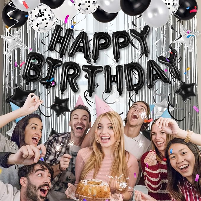 55 Pcs Happy Birthday Balloons Letters Banner with 35 Pcs Star Foil Balloons, 20 Pcs Latex Balloon, 6 Hanging Swirls for Women Men Boys Girls Birthday Party Decorations Set ﻿ (Black)