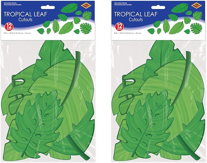 Beistle 53498 Tropical Leaf Cutouts, 24 Piece, 4"-12", Green