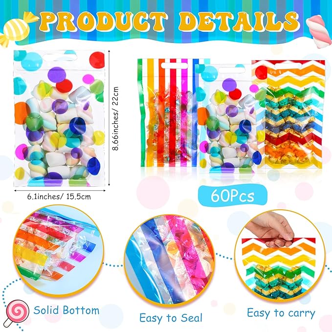 Pasimy 60 Pcs Pride Rainbow Plastic Candy Bags Polka Dot Stripes Printed Treat Goodie Gift Bags with Handle for LGBT Wedding Baby Shower Birthday Party Favor Supplies, 6 Design