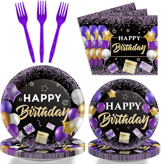 Wiooffen 96 Pcs Purple Birthday Party Plates Napkins Tableware Set - Purple and Black Happy Birthday Party Supplies Disposable Dinnerware for 24 Guests