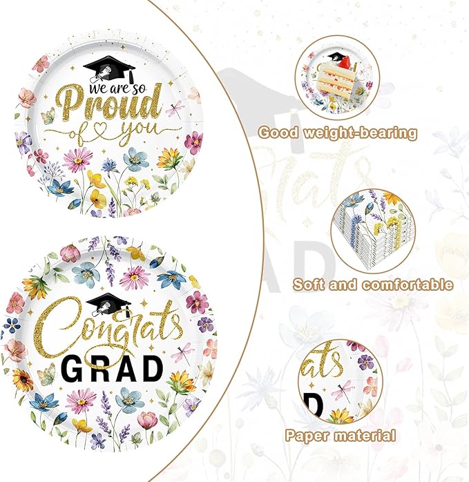 100 Pcs Floral Graduation Party Tableware Set – Disposable “Congrats Grad” Paper Plates and Napkins with Wildflower Design for Graduation Party, School and Home Celebrations – Serves 25