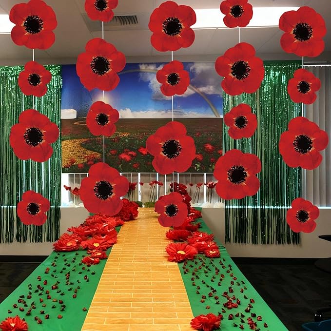 Preboun 20 Pcs Wizard Themed Party Decorations Red Poppy Flowers Hanging Garlands, Red Flower Hanging Banners Ceiling Poppy Cutouts Decor for Classroom Wizard Birthday Shower Party Favor