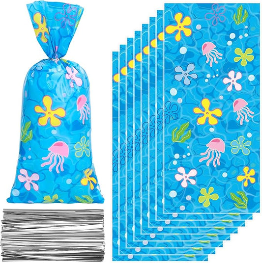 Whaline 100 Pcs Sponge Cartoon Cellophane Bags with Silver Twist Ties Under The Sea Seaweed Jellyfish Plastic Goodie Bag Cello Gift Bags for Summer Ocean Birthday
