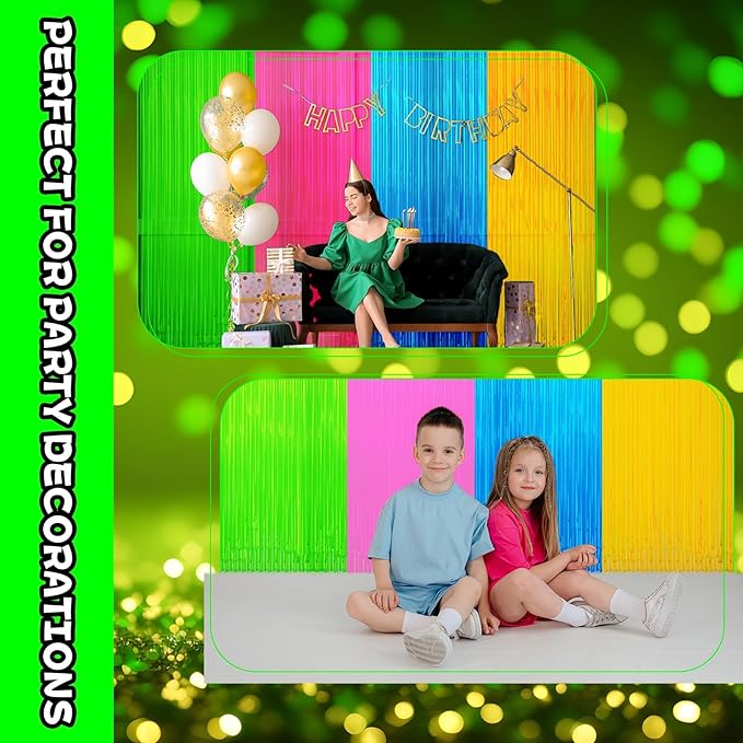 4 Pack Neon Party Decorations Glow in The Dark Party Supplies Multicolor Tinsel Foil Fringe Curtains for Birthday Party Supplies Streamers Decorations