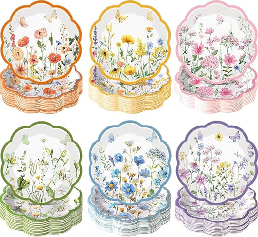 Funnymoom 60 Pcs 7 Inch Wildflower Paper Plates Spring Floral Disposable Party Plate for Dessert Summer Flower Scalloped Plate for Baby Bridal Shower Wedding Birthday Tea Party Decoration Supplies