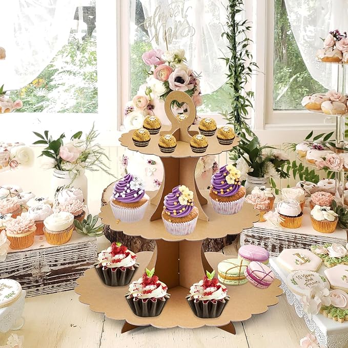 Soleebee 3-Tier Cupcake Stand, Cardboard Cupcake Tower, Dessert Cup Cake Stand Tower for Birthday Wedding Party Decoration, Cupcake Tier Stand 2 Set (Brown)