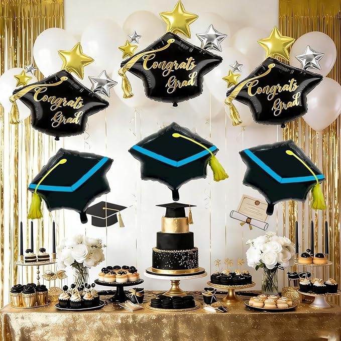 Pensar 6Pcs Graduation Cap Balloons Congrats Grad Hat Foil Balloons for Graduation Decorations, Class of 2026 Party Decor, College High School Grad Party Supplies