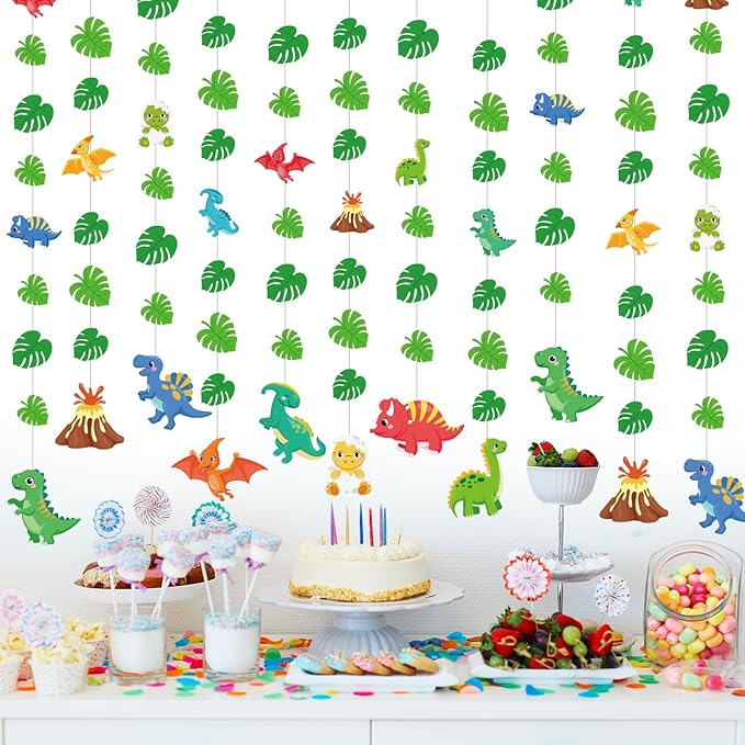 Daifunli 8 Pcs Dinosaur Party Decorations Dinosaur Garlands Watercolor Dino Hanging Banner Palm Leaves String Decor for Boy Jungle Dino Theme Birthday Baby Shower Party Supplies Home Wall Backdrop
