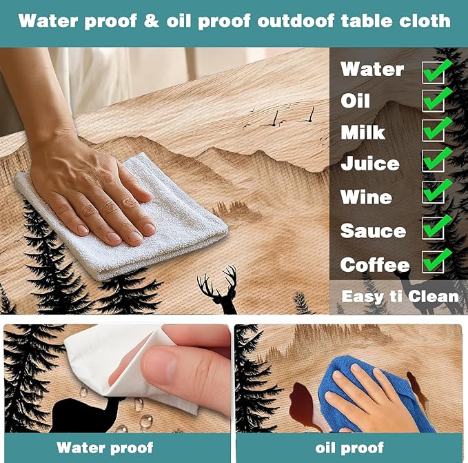 Picnic Table Cover with Bench Covers Camping Essentials Rustic Hunting Deer Forest Waterproof Windproof Camping Tablecloth Fitted Tablecloth Cover with Elastic Edge for Indoor Outdoor 3 PCS 30x72 Inch