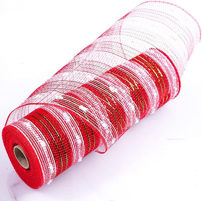 3 Rolls Snowball Red White Deco Mesh Ribbon for Wreath Making Supplies, 10 Inch x 30FT Metallic Foil Burlap Deco Mesh Fabric for DIY Crafts Christmas Tree New Year Wreath Swags and Decorating