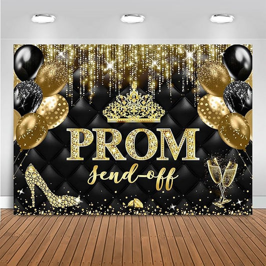 Mocsicka Prom Send Off 2026 Backdrop Crown Graduation Prom Night Party Decorations Banner Gold Balck Dancing Send Off Photography Background Photo Booth Supplies (Gold, 10x7ft(120''x82''))