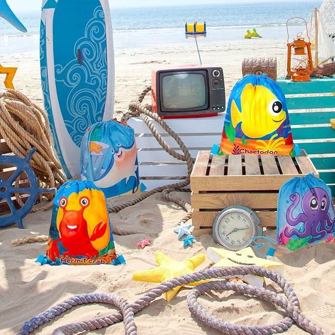 Woanger 12 Packs Ocean Party Supplies Favor Drawstring Bags Colorful Fish Backpack Bag Cartoon Sea Animal Birthday Goodie Bags String Pouch for Kids Ocean Themed Birthday Party Baby Shower Supplies