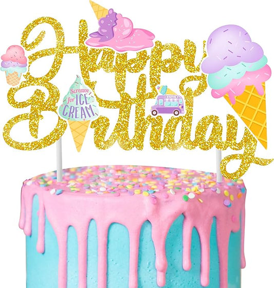 Birthday Cake Topper Decorations - Glitter Summer Ice Cream Party Decorations - Colorful Ice Cream Themed Kids Birthday Party & Baby Shower Supplies